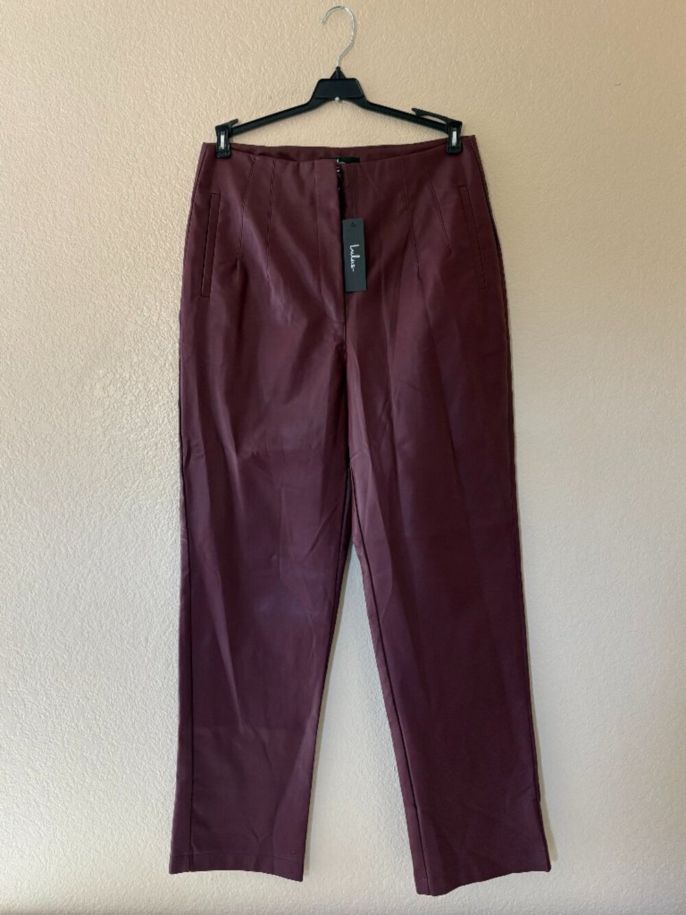 Lulus Burgundy Faux Leather Pants NWT Large Straight Leg Front Zip Wine Trousers